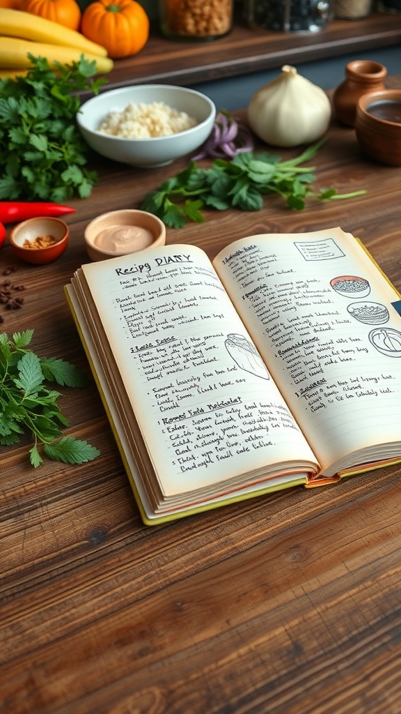 A recipe diary with handwritten recipes and fresh ingredients on a wooden table.